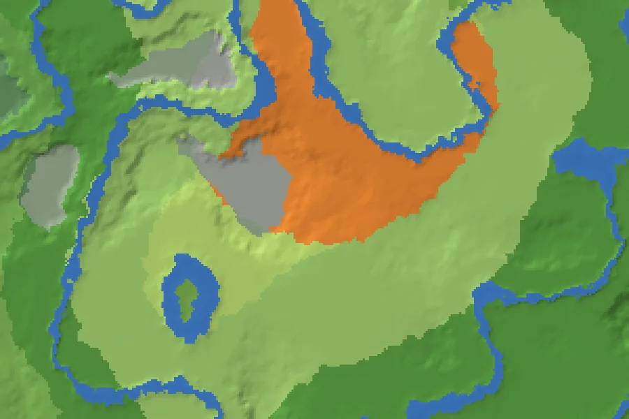 Biome map of the Camp at Zero seed around spawn, with nearby structures marked