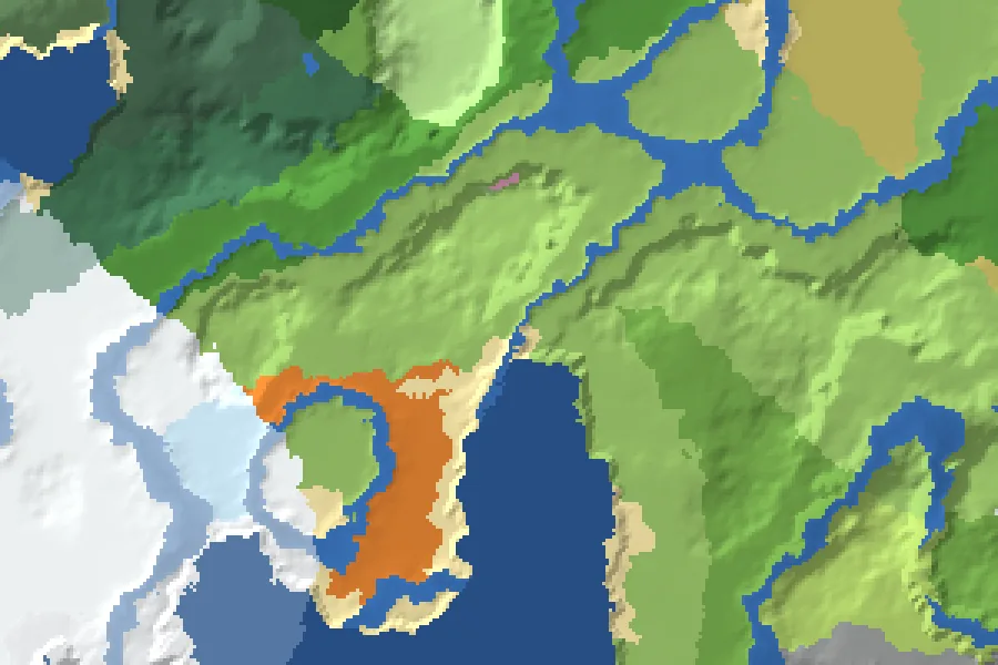 Biome map of the All the Colours seed around spawn, with nearby structures marked