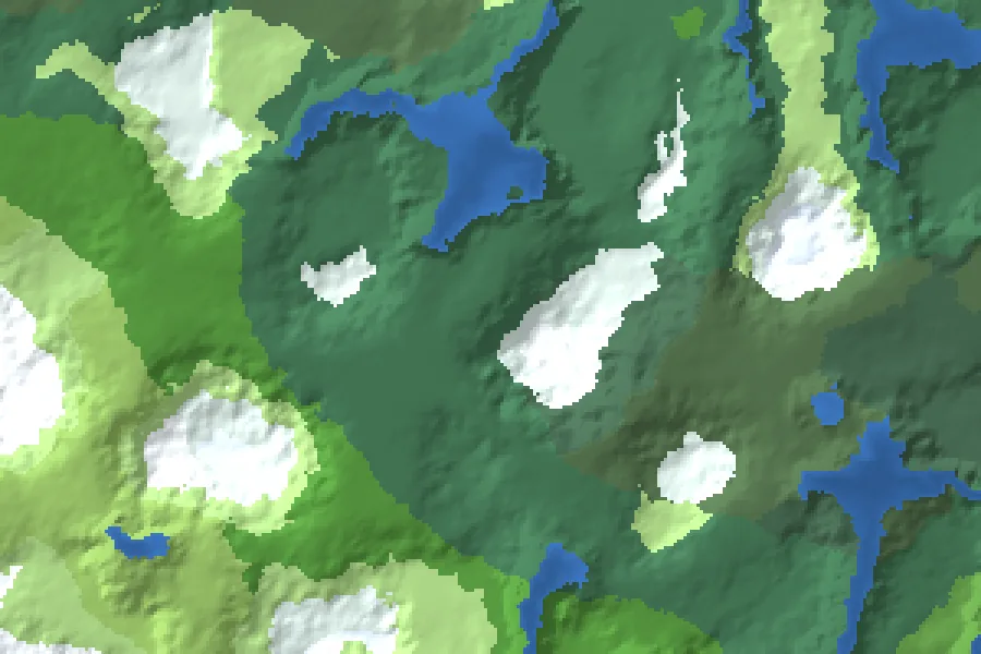 Biome map of the Portal Village seed around spawn, with nearby structures marked